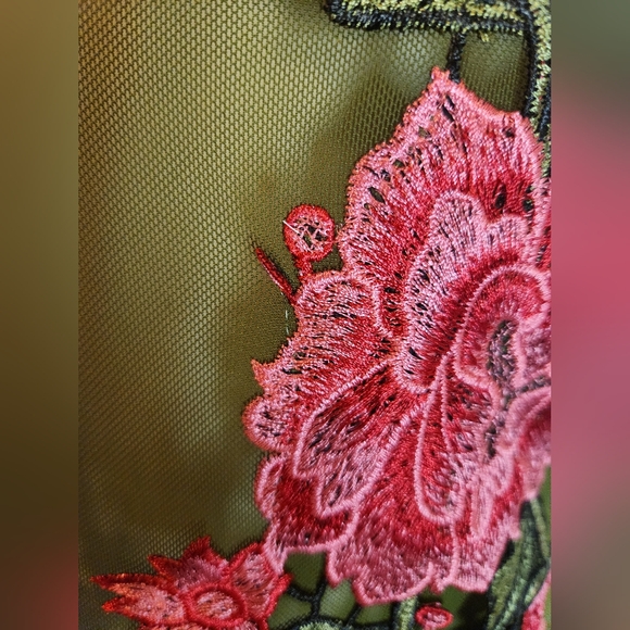 Top Chic Olive Green Sheer Mesh Floral Embroidered Bodysuit - One Size (M/L) - Picture 5 of 9